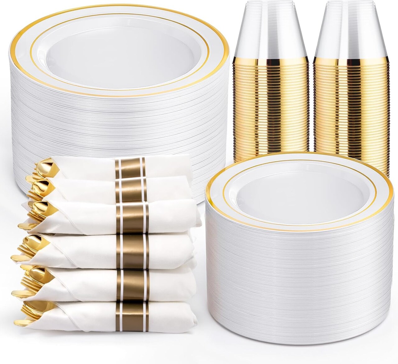 350Pcs White and Gold Plastic Plates for 50 Guests - Plastic Dinnerware Set, Includes 100 Gold Plates, 150 Silverware, 50 Napkins, 50 Cups for Party, Disposable Plates for Party